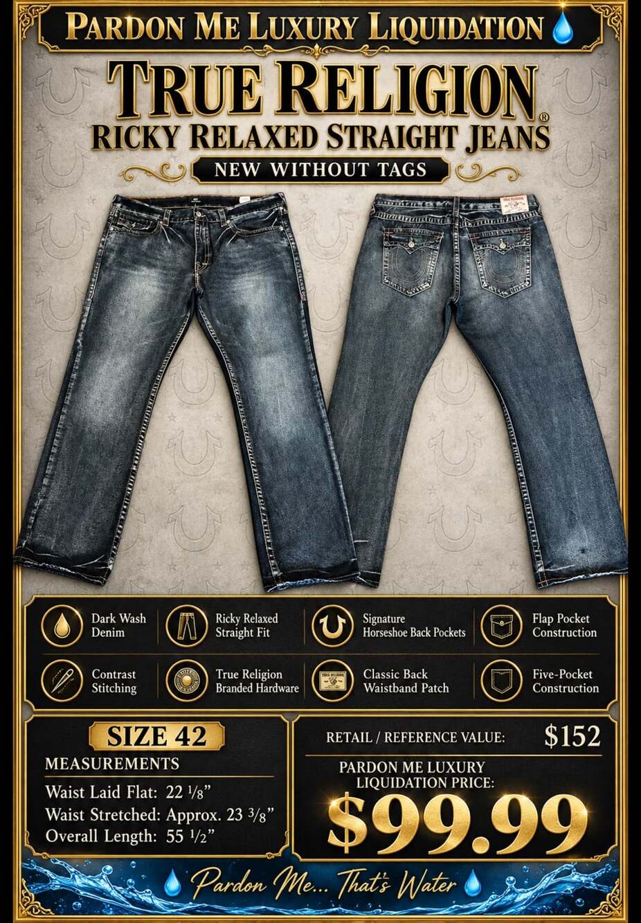 True Religion Ricky Relaxed Straight Dark Wash Denim Jeans